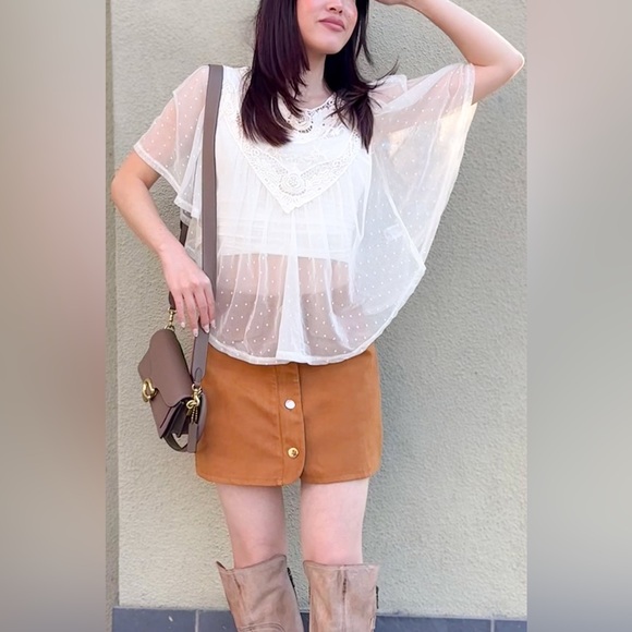 Sheer Boho Flowy Flutter Sleeve Crop Top - Picture 2 of 7